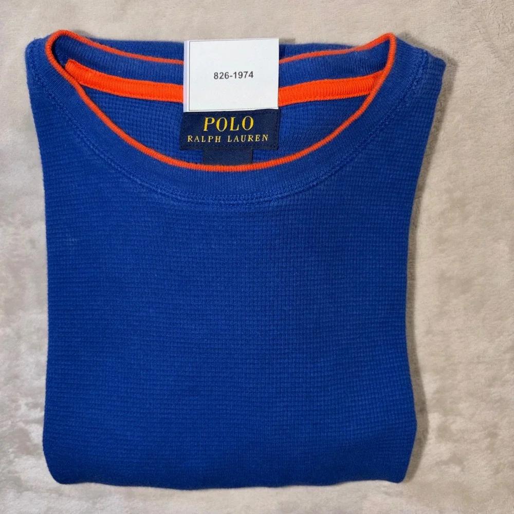 Polo Ralph Lauren Mens 2XL Royal Blue Orange Waffle Knit Thermal Long Sleeve Top